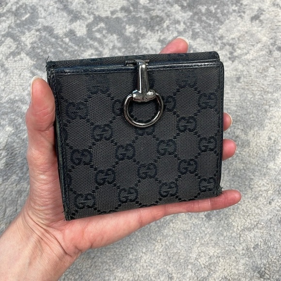 Vintage Gucci Monogram GG Bifold Wallet Black Canvas Metal Clasp Horsebit - Picture 1 of 17